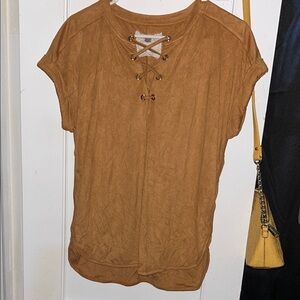 Cupio Lace-Up Brown Short Sleeve Top